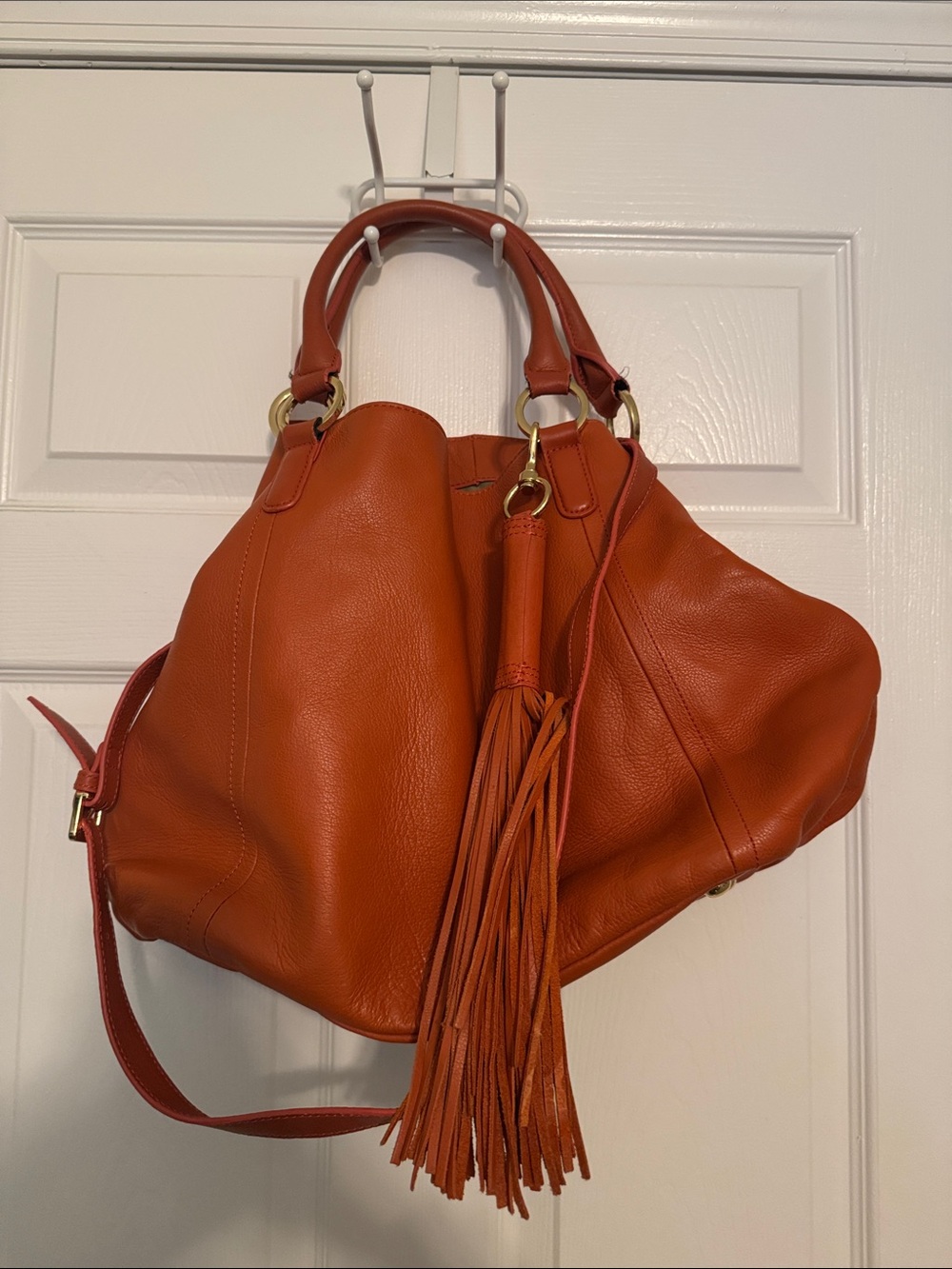 Women's Leather Tassel Hobo Bag - Orange